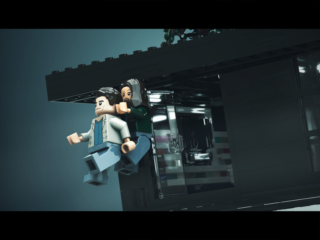 Two lego figures illustrated jumping out of a window