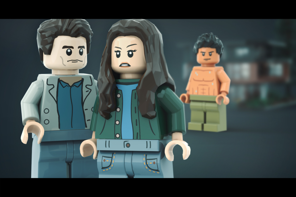 Lego figures of Twilight characters, two males with dark hair and one female with long dark hair