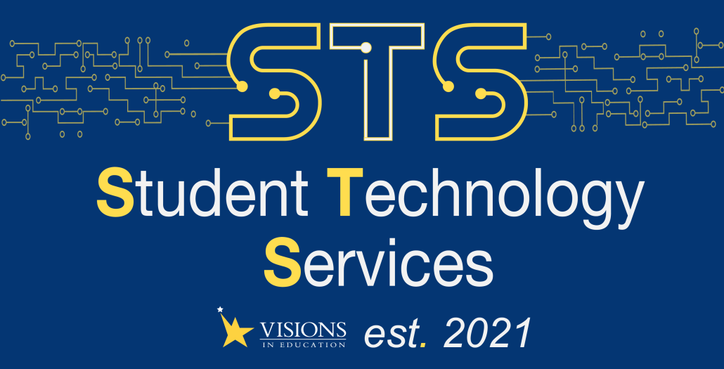 Small Proof-01 Blue banner with yellow and white outlined letters STS at the top and yellow and white words Student Technology Services established 2021 on a tech background.