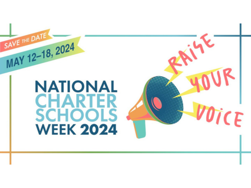 Graphic with the words "Save the Date May 12-18, 2024: National Charter Schools Week 2024" and a megaphone icon with the words "Raise Your Voice" with lightning bolts coming out of it.