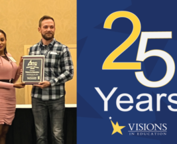 Two Visions staff members hold the APLUS+ award with "25 years" and the Visions logo in text next to their photo