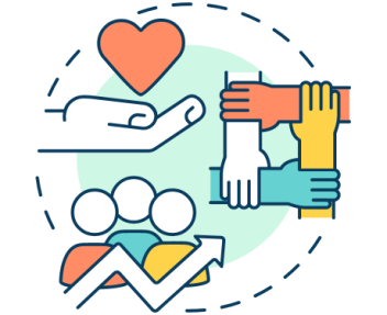 Cartoon graphic of hand holding a heart, multiple hands gripping wrists and group of people with upward arrow indicating community and partnership