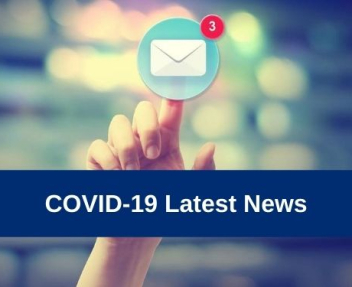 Hand pressing an email icon on blurred cityscape background with COVID-19 Latest News text overlay