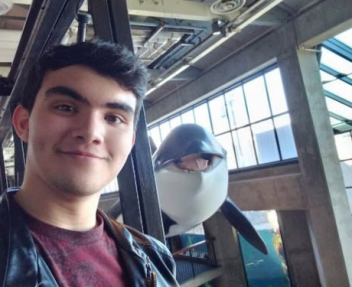 Smiling home school boy stands next to replica of a dolphin