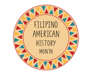 Yellow circle with blue, yellow and red triangle design on the border with the words "Filipino American History Month" in the center.