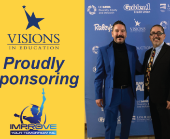 Visions logo and Improve Your Tomorrow's logo on a yellow background with "Proudly Sponsoring" in blue text next to a photo of two Visions staff members