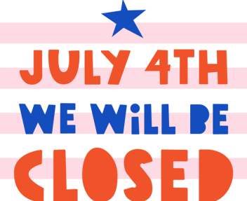 Vector illustration on white background red and blue text and a star, text says "July 4th We Will Be Closed"
