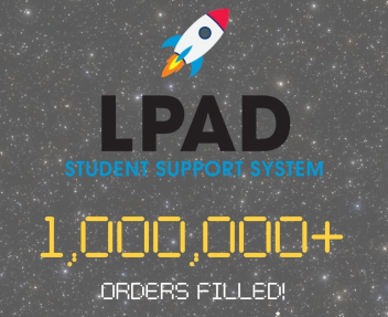 Galaxy background with text and logo overlay. LPAD Student Support System with rocket. Headline reads 1,000,000+ orders filled!