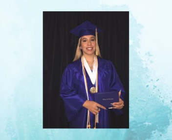 Linda Graduate Spotlight female online high school graduate smiles at camera in blue cap and gown holding diploma