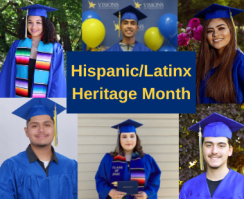 Hispanic/Latinx Heritage Month banner with Latino, Latina, and Hispanic grad photos
