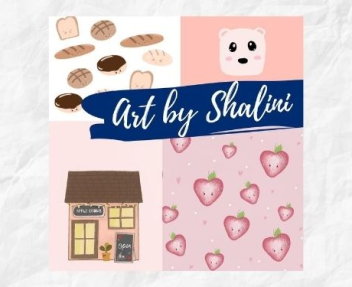 Student Spotlight graphic with online high school student's artwork of bread, donuts, strawberries and anime characters