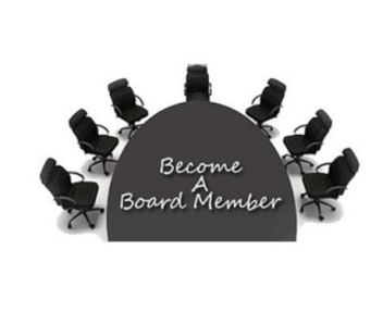 Become a board member text overlaid on desk with seven office chairs surrounding it
