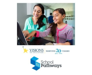 Mother and daughter smile while working together on laptop, School Pathways and Visions logos partnership