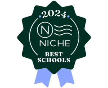 Dark green and light blue ribbon with text saying "2024 Niche Best Schools"