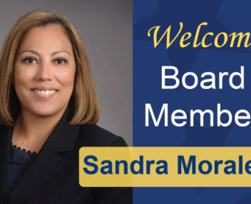 New board member Sandra smiles at the camera, graphic includes text "welcome board member Sandra Morales"