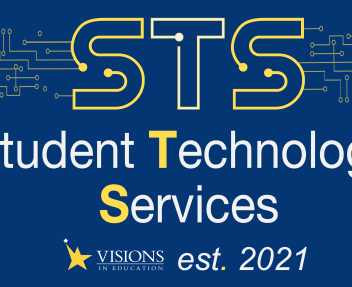 Blue banner with yellow and white outlined letters STS at the top and yellow and white words Student Technology Services established 2021 on a tech background.