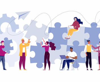 Team building concept. Business team metaphor. Business partners or company employees work together on a project. Young people put together puzzle pieces. Illustration.Vector. Flat. Cartoon. (Team building concept. Business team metaphor.