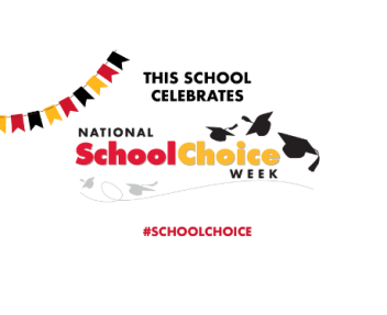 This School Celebrates National School Choice Week badge with grad caps and flags