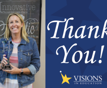 Female board member poses with award, graphic includes "thank you" message and Visions star logo
