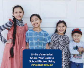 Family of four children pose and smile in front of their home with a description of the #VisionsFirstDay photo celebration in a blue box superimposed in front of them.
