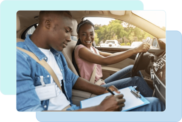 Smiling teen taking driving lessons from driver's ed teacher for enrichment