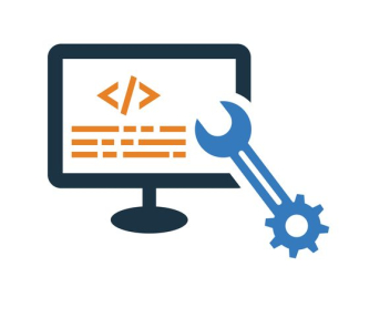 Vector icon of a computer screen with orange html code and a blue wrench indicating system maintenance