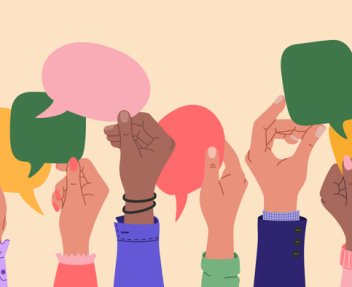 Human hands holding speech bubbles, people exchange ideas. Team cooperation and communication. Hand drawn vector vector illustration isolated on light background. Modern flat cartoon style.