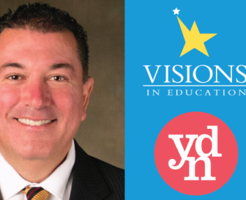 Superintendent Olmos on the left side of the screen with a teal background on the right that includes the Visions In Education logo and the Youth Development Network logo